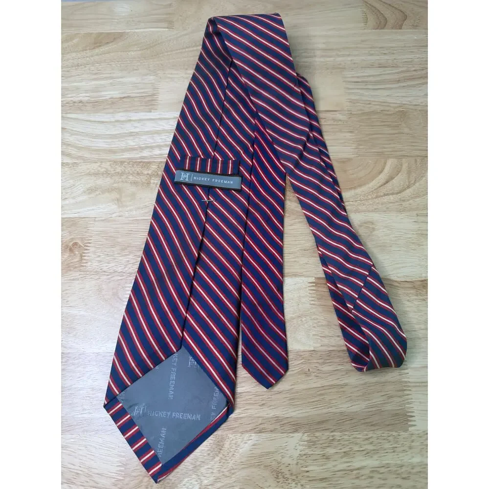 Hickey Freeman Men's Silk Neck Tie Navy Blue Red Silver Stripes